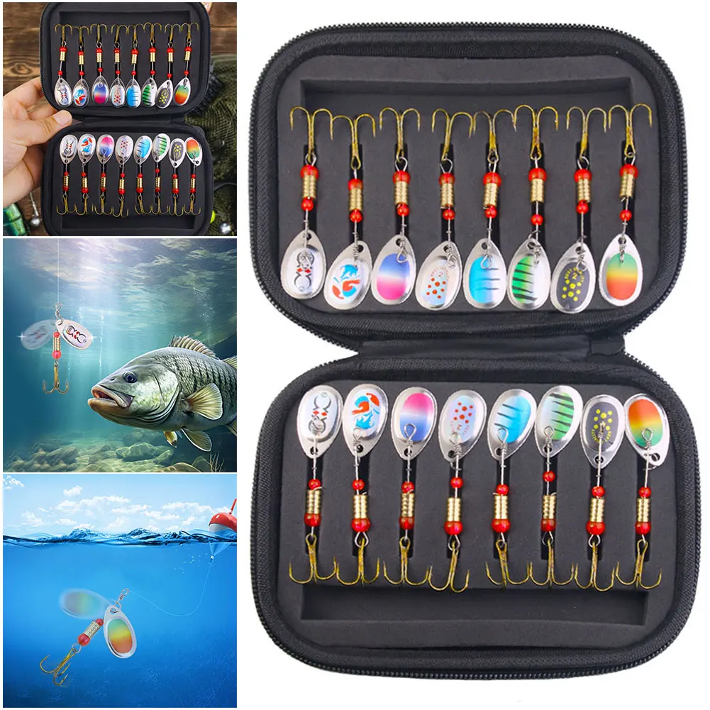 16Pcs Spoonbait Crankbaits with Treble Hooks Artificial Bait Rotating Spoon Kit for Bass Pike Trout Freshwater/Saltwater Fishing