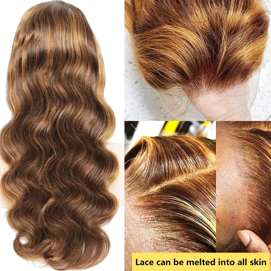 250% Highlight Ombre Body Wave 13x4 HD Lace Frontal Wigs 4/27 Blonde Brown Colored 13x6 Lace Front Human Hair Wig For Women