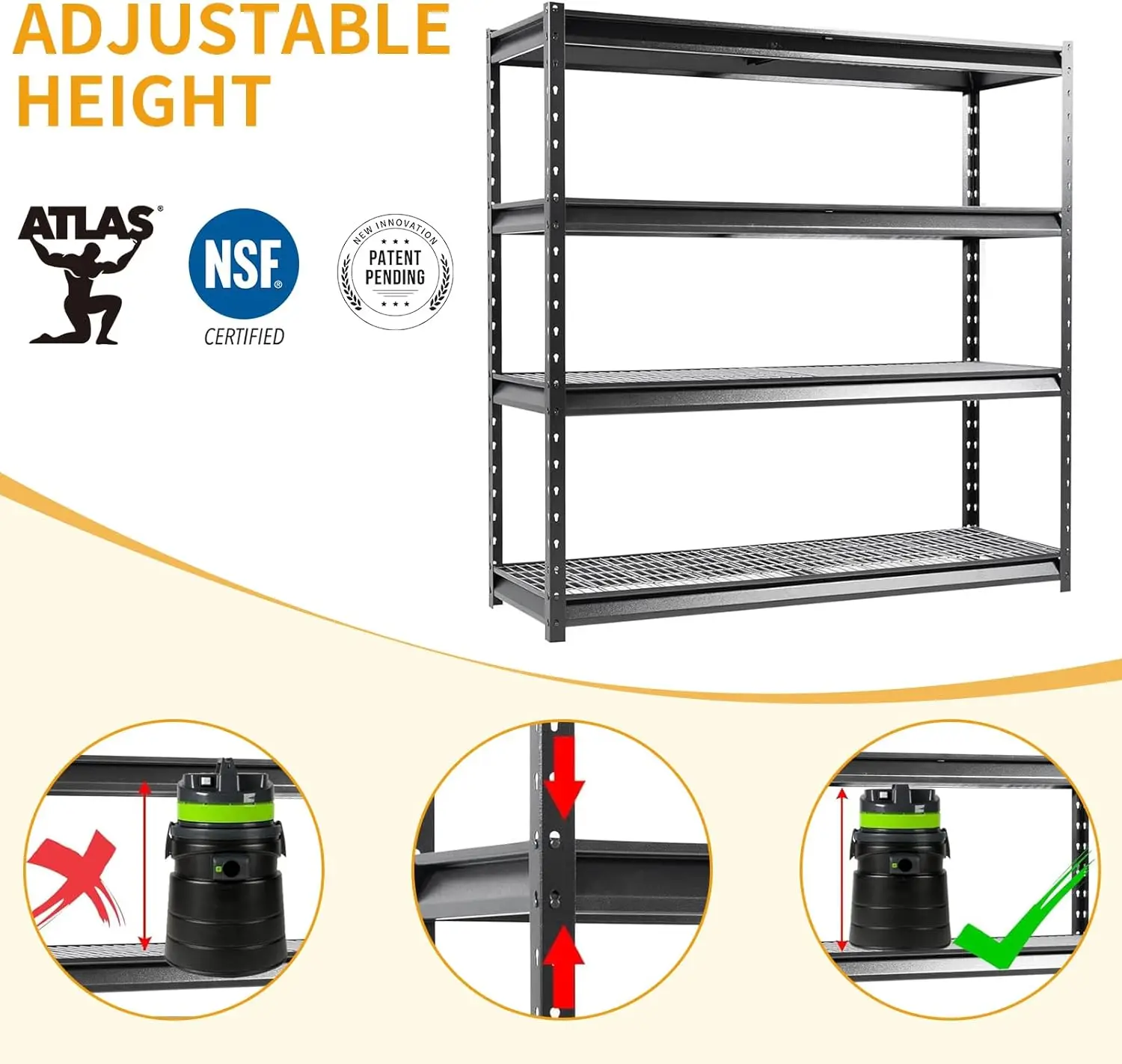 The Atlas 72" W Heavy Duty Garage Shelving Load 8000 Lbs, 4 Tier Metal Storage Shelves, Adjustable Industrial Steel Rack 5