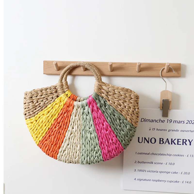 rainbow-color-straw-bag-2024-new-summer-semi-circle-hand-held-straw-bag-woven-bag-seaside-holiday-beach-bag