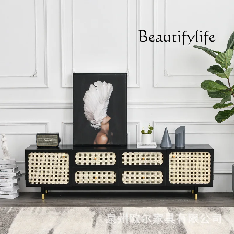 

Nordic Solid Wood Rattan TV Cabinet Modern Minimalist Retro Audiovisual Cabinet