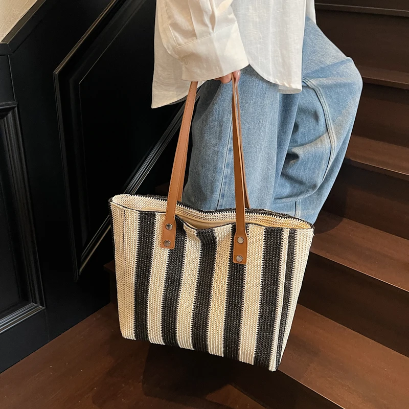 borsa luxury donna borsa donna borsa mare donna MOODS Borse tote grandi a righe per donna Borse a tracolla shopper di grande capacità con design intrecciato in tessuto di paglia Borse da spiaggia estive 2025 - immagine 2