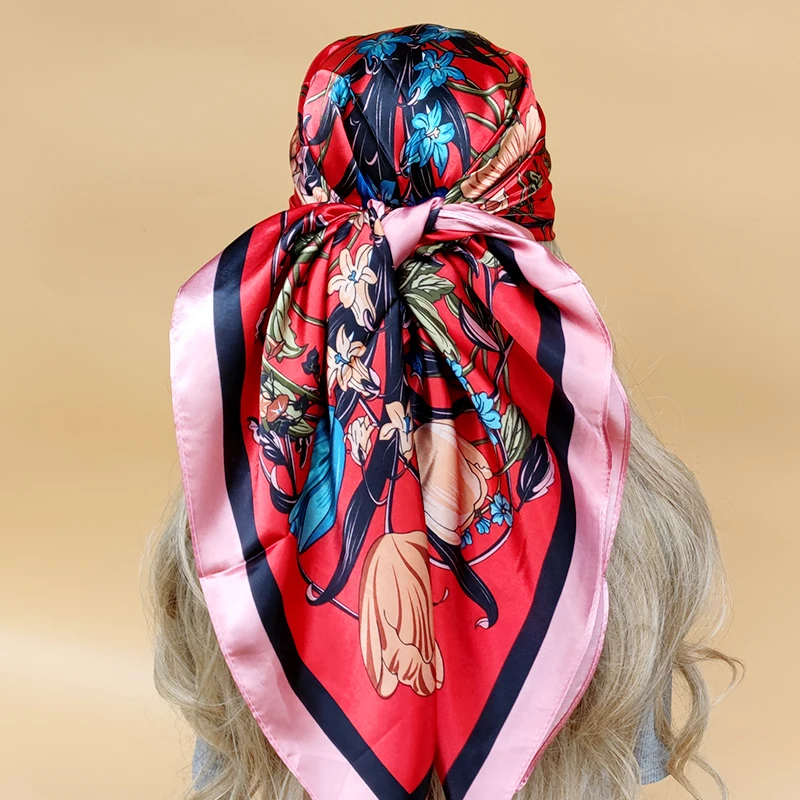 Women 90X90CM New Shawls The Four Seasons Beach Scarves Fashion Model Square Silk Hijab Popular Design Sunscreen Headscarf 3