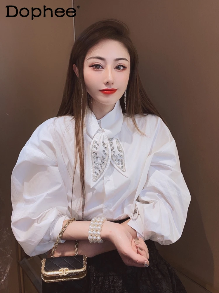 Korean Style Exquisite Rhinestone White Shirt Female 2023 Spring Autumn Commute Style Lapel Temperament Loose Blouse Women 2023 new autumn fashion commuting elegant casual temperament rhinestone fishnet patch one shoulder flared leg jumpsuit for women