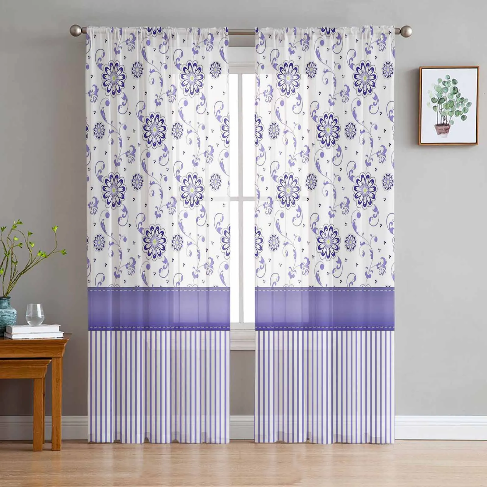 

Фиолетовые шифоновые шторы в полоску с цветочной текстурой, прозрачные Занавески для гостиной, спальни, украшение для дома, оконные занавески, тюль
