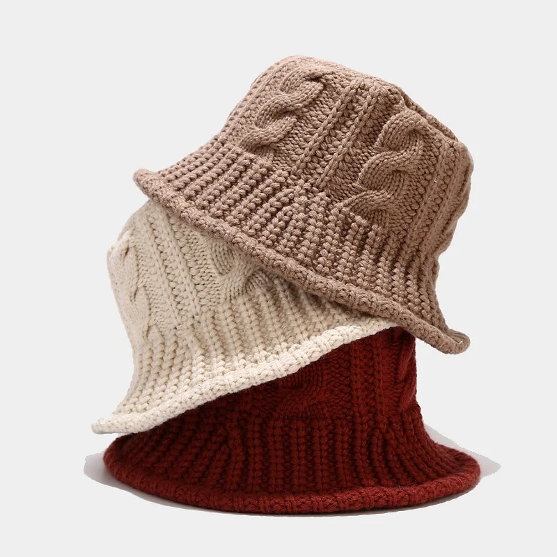 

Knitted Bucket Hat Women Versatile Windproof Twist hand-knitted Fisherman Hat Winter Coarse Wool Pot Cap Sombrero Free Shipping