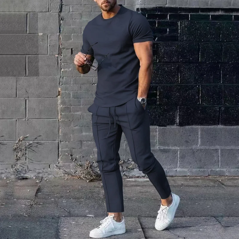 Summer Round Neck Short Sleeve T-Shirt Solid Color Two-piece Sets Men's Sports Loose Waist Lace-up Long Pants Male Casual Suits clacive casual loose home suits women spring elegant lace up robes two piece pants set fashion high waist wide trouser suits