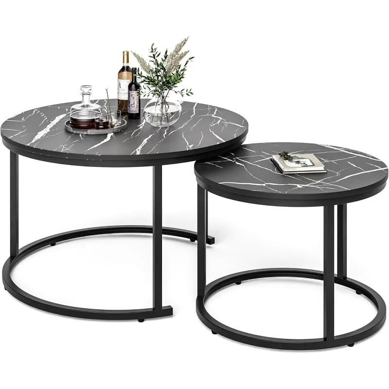 27.5" Nesting Coffee Table,Round Coffee Table Set of 2,Wooden Marble Pattern Nesting Table,Modern End Table for Living Room, 5