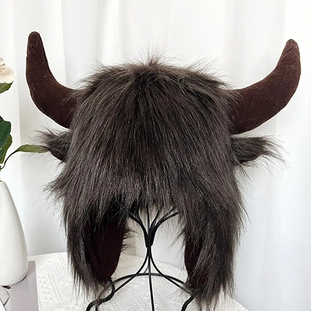 Winter Hat Personality Funny Big Cow Horn Thick Warm Faux Fur Ear Thunderbolt Windproof for Women Men
