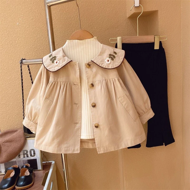 

Girls Coat Top Spring and Autumn Coat Hildrens Doll Collar Medium Long Fashion Style Trench Coat Korean Style Casual Girls Top
