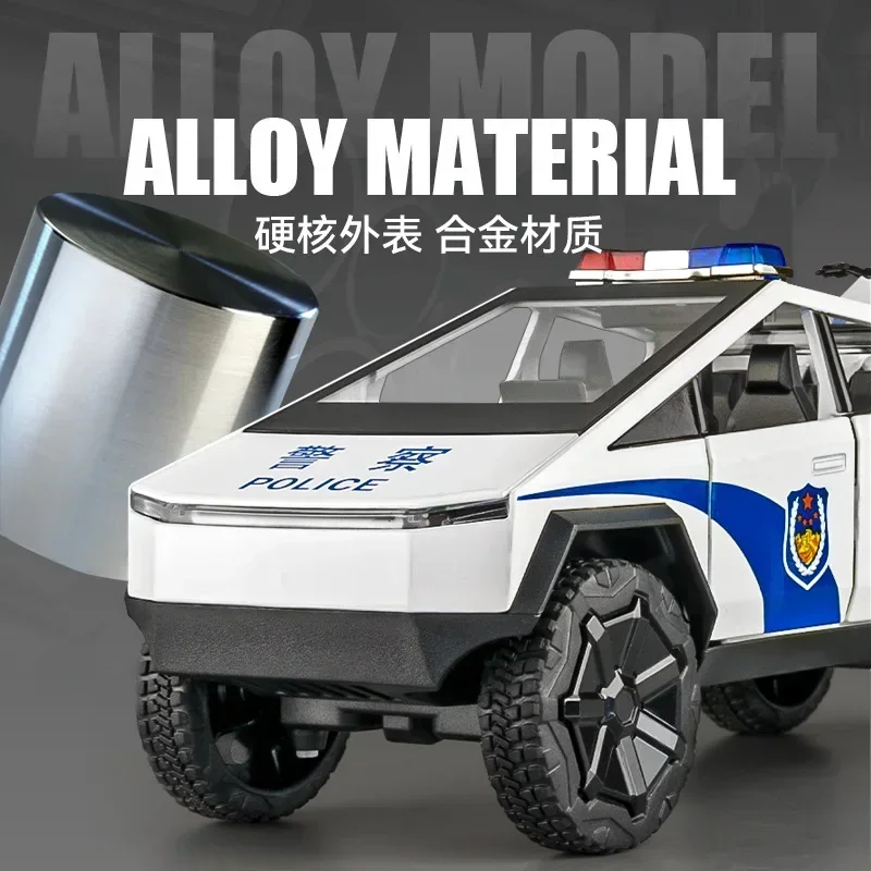 1:24 Tesla pickup police car High Simulation Diecast Metal Alloy Model car Sound Light Pull Back Collection Kids Toy Gifts 3
