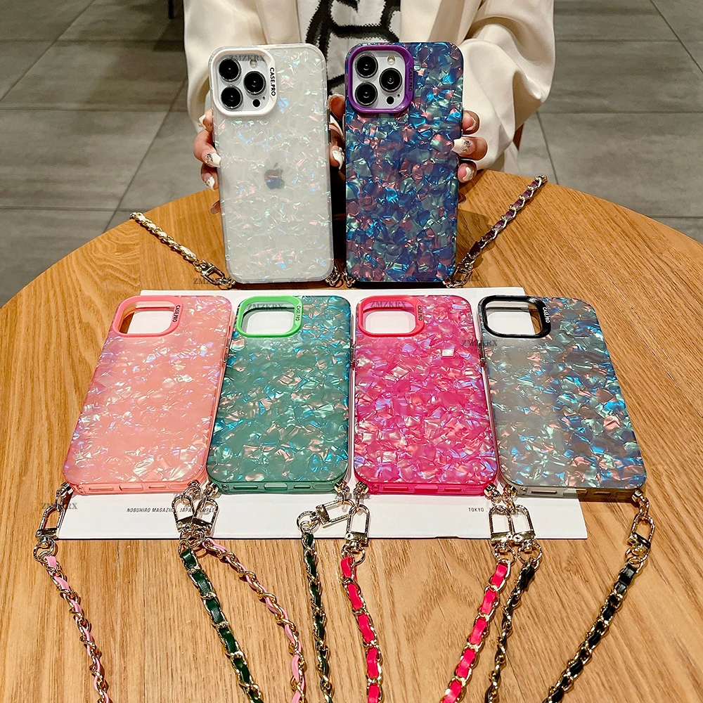 Metal Chain Crossbody Leather Lanyard Phone Case with Glitter Marble Design