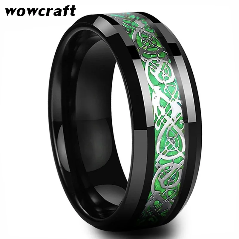 8mm Black Tungsten Wedding Band for Men Celtics Dragon Ring Green Carbon Fiber Inlay Polish Finish Beveled Edges Comfort Fit professional black velvet series jewelry organizer holder wooden ring necklace bangle earring watch jewelry display storagestand