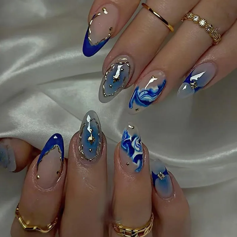 Blue French Almond Press On Nails