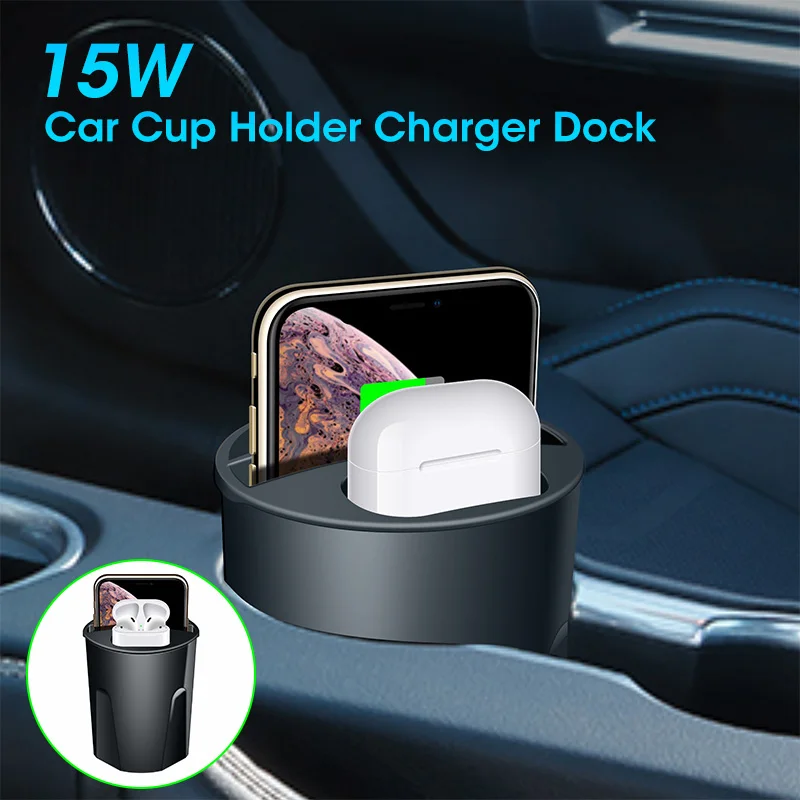 

4 IN 1 Car Charger Dock for Cup Holder Wireless Charging for iPhone 13 12 Airpods Samsung Portable Phone Chargers QI USB Type-C