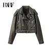 RARF 2024New Coal graysty le Women's washed leather jacket with belt, short coat with downgraded zipper and vintage lapel jacket 1