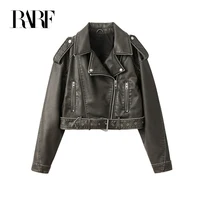 RARF 2024New Coal graysty le Women's washed leather jacket with belt, short coat with downgraded zipper and vintage lapel jacket 1