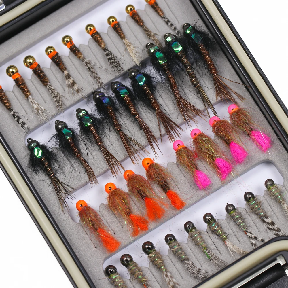 WIFREO 35pcs/Set 8-#16 Barbless Fishing Jig Hook Fly Tungsten Bead Head  Euro Nymphs Kit Fast Sinking Trout Fishing Lure Baits