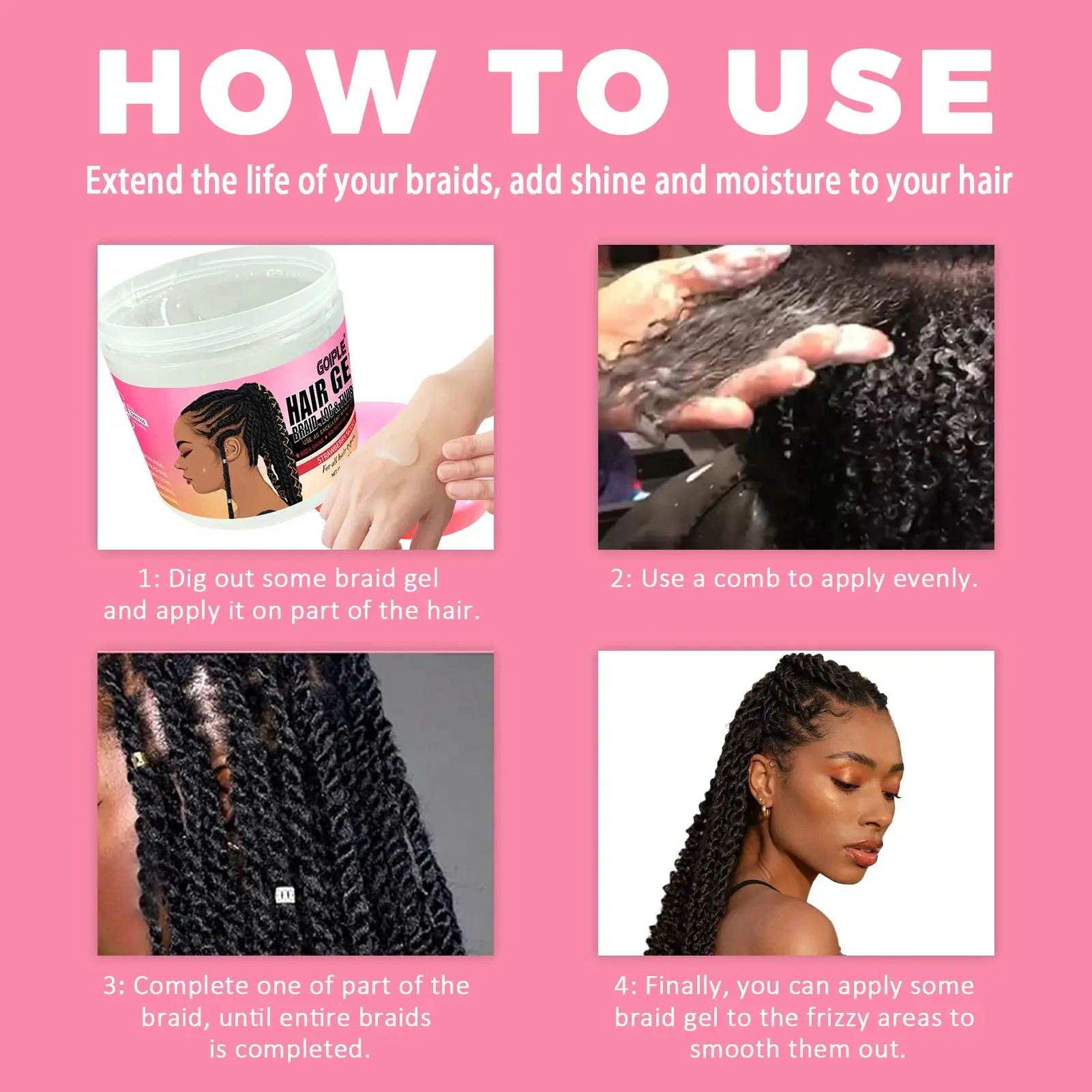 Strawberry Scent Hair Styling Gel High Shine Smooth Braid Twist Strong Hold Long Lasting Non-Flaking 380g