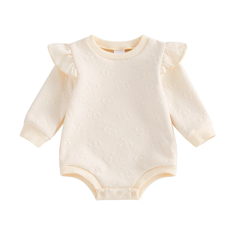 Baby Girl Sweatshirt Romper Bow Jacquard Ruffle Trim Crew Neck Long Sleeve Jumpsuit for Winter Fall