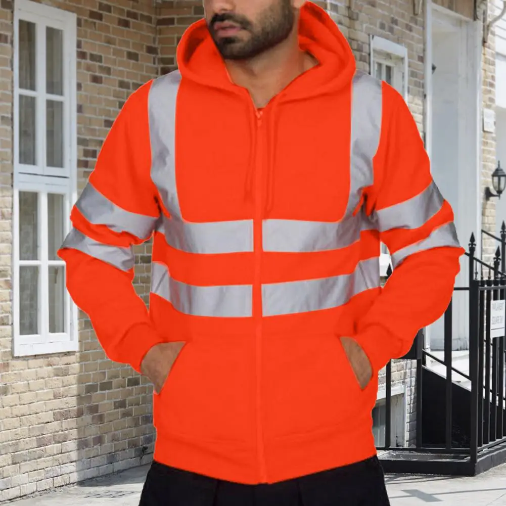 Men Reflective Safety Hoodie Zipper Sweatshirt High Visibility Construction Workers Work Clothes Night Running zip up hoodie sweatshirt jacket