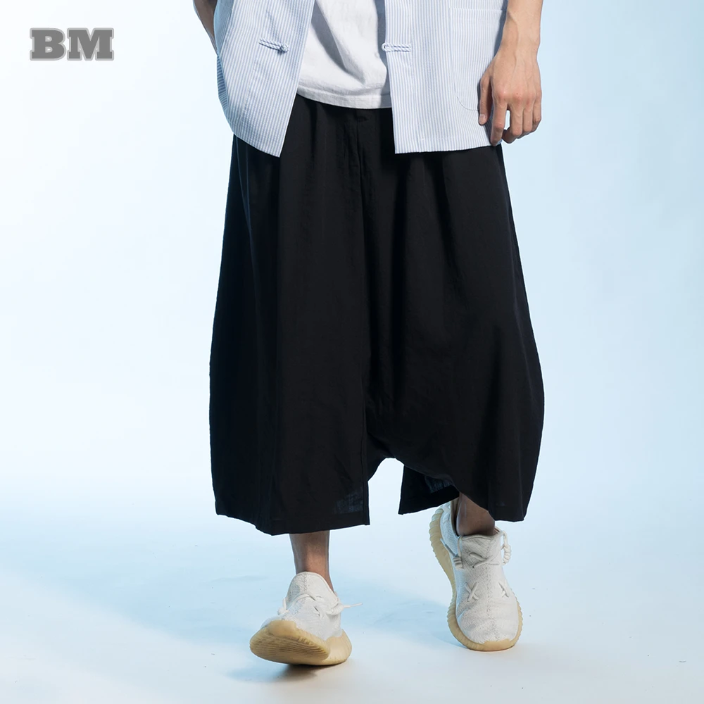 

Chinese Style Loose Plus Size Baggy Pants Men Clothing Summer Kung Fu Vintage Thin Oversize Black Low Crotch Capri Pants Male