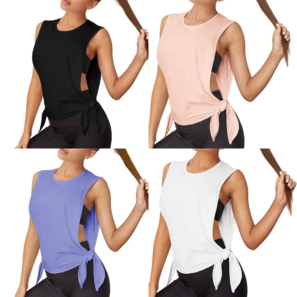 

Women's Fashion Sports Tank Top Yoga Vest Loose Fitness Yoga Comfortable Solid Color Side Hollow Out Bow Sleeveless Top