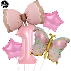 Pink Bow Party Decor Set - Includes Banner, Cake Toppers, Straws, Balloons (Coffee)