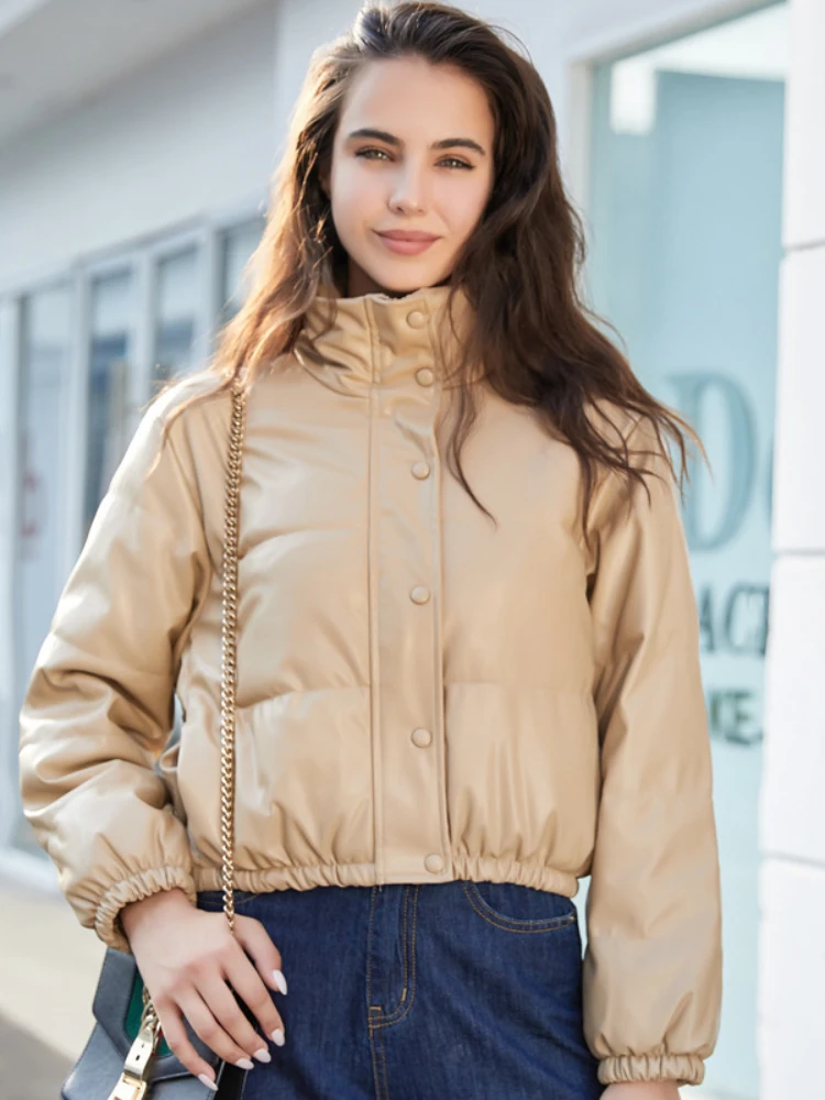 

Короткая Повседневная Женская куртка на молнии, свободные Куртки из искусственной кожи, женские пальто с воротником-стойкой, новые очень теплые зимние парки для женщин