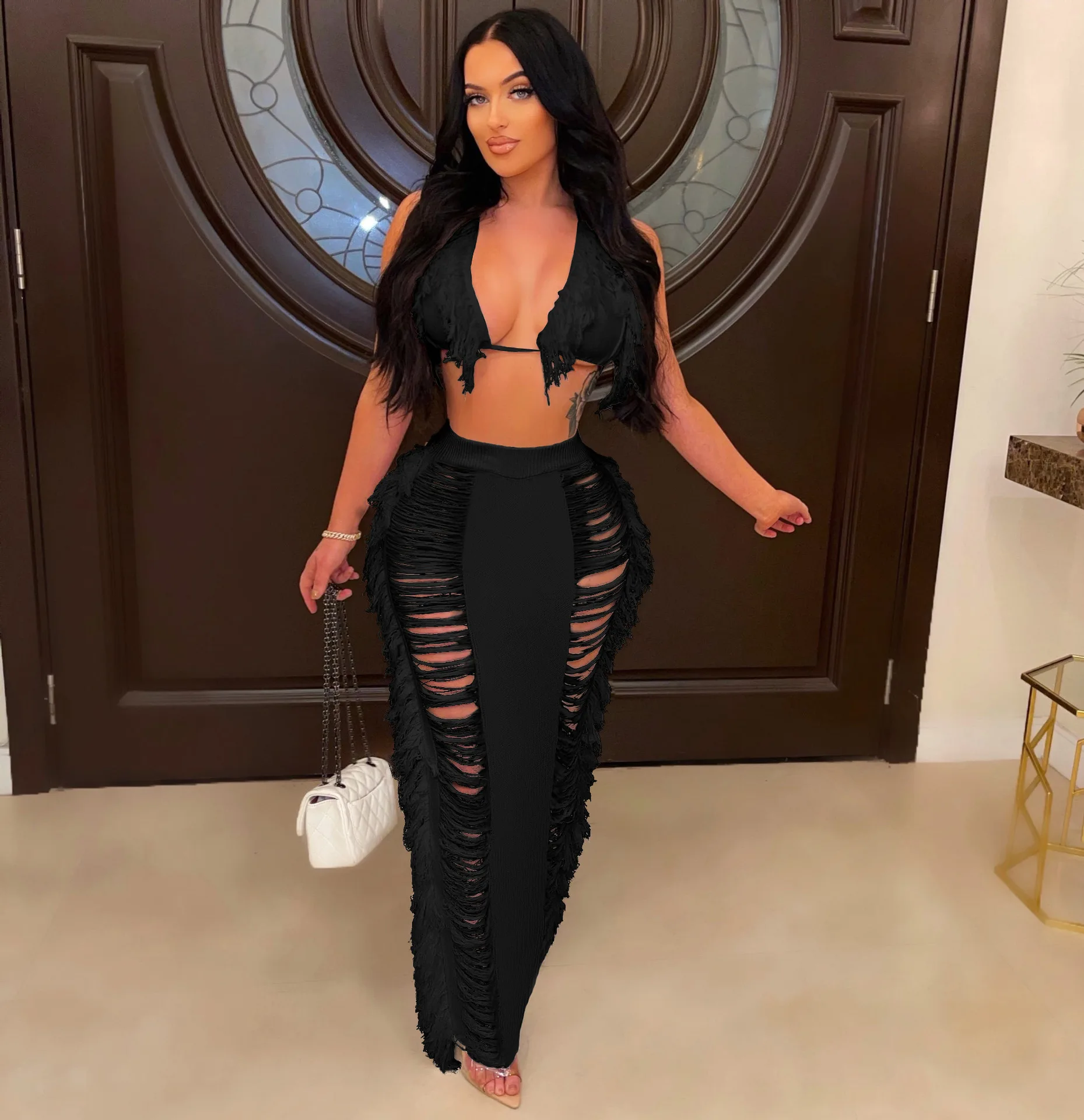 Women Beach Outfit Summer Fashion Knitted Tassel Halter Backless Bra And Skirts 2 Piece Set Swimwear Beachwear  Bikini Skirt Set