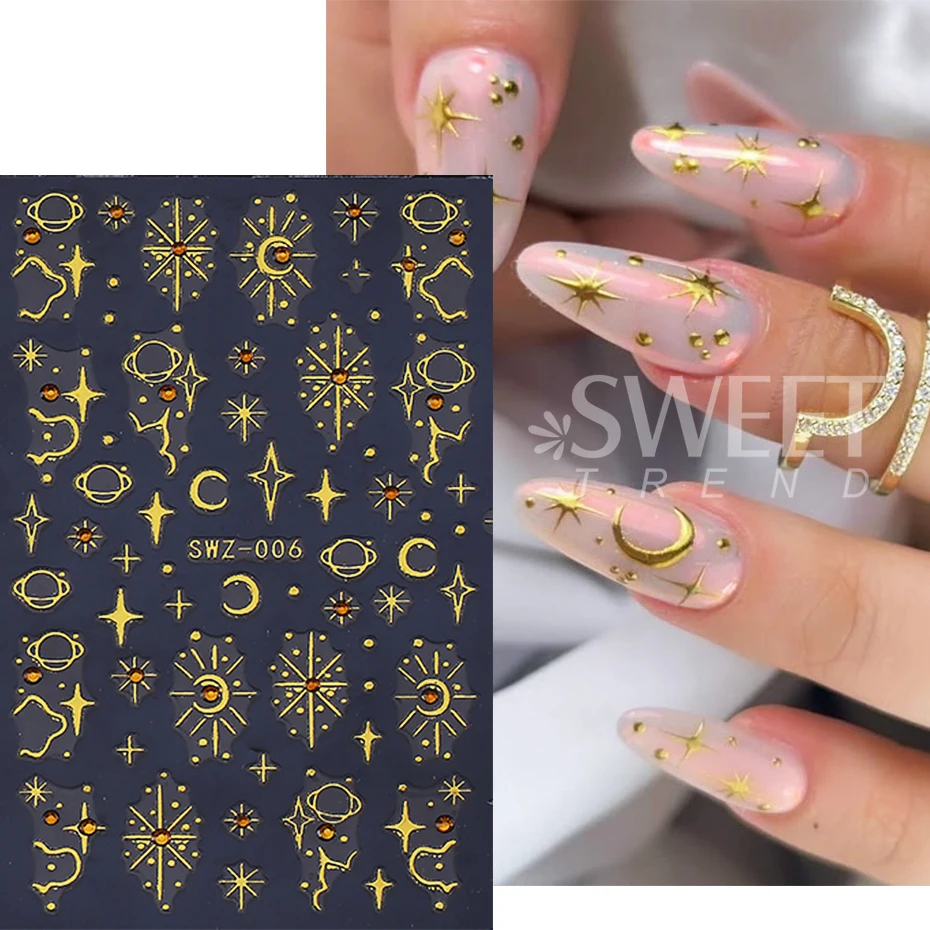 2pcs Bronzing Nail Art Stickers With Rhinestone Star Moon Planet Bohemian Adhesive Slider Nail Decals DIY Manicure Decoration
