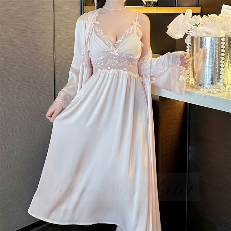 Female Sexy Lace Long Nighty&Robe Set Nightgown Spring Autumn Sleepwear Suspender Nightdress Intimate Lingerie Satin Homewear