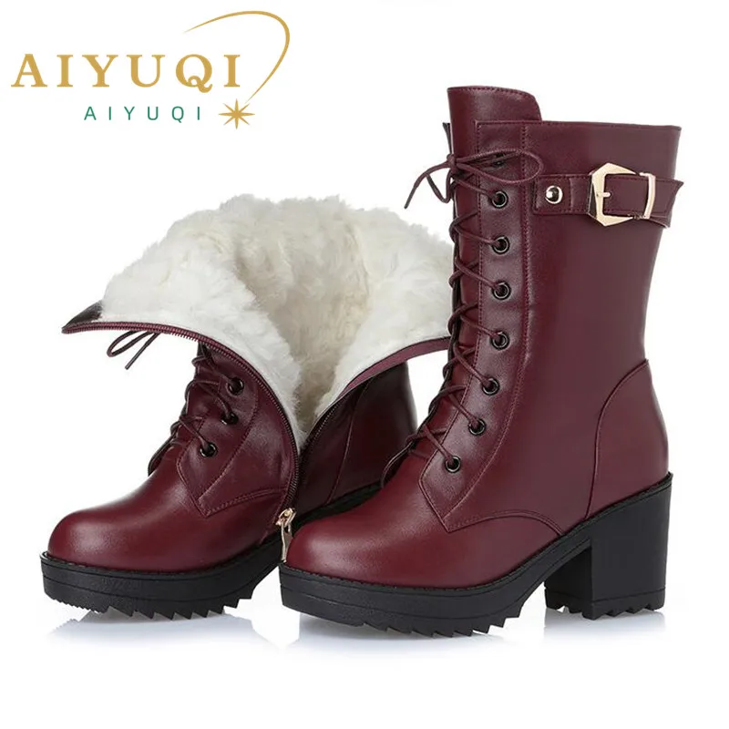 

High-heeled genuine leather women winter boots thick wool warm women Military boots high-quality female snow boots K25