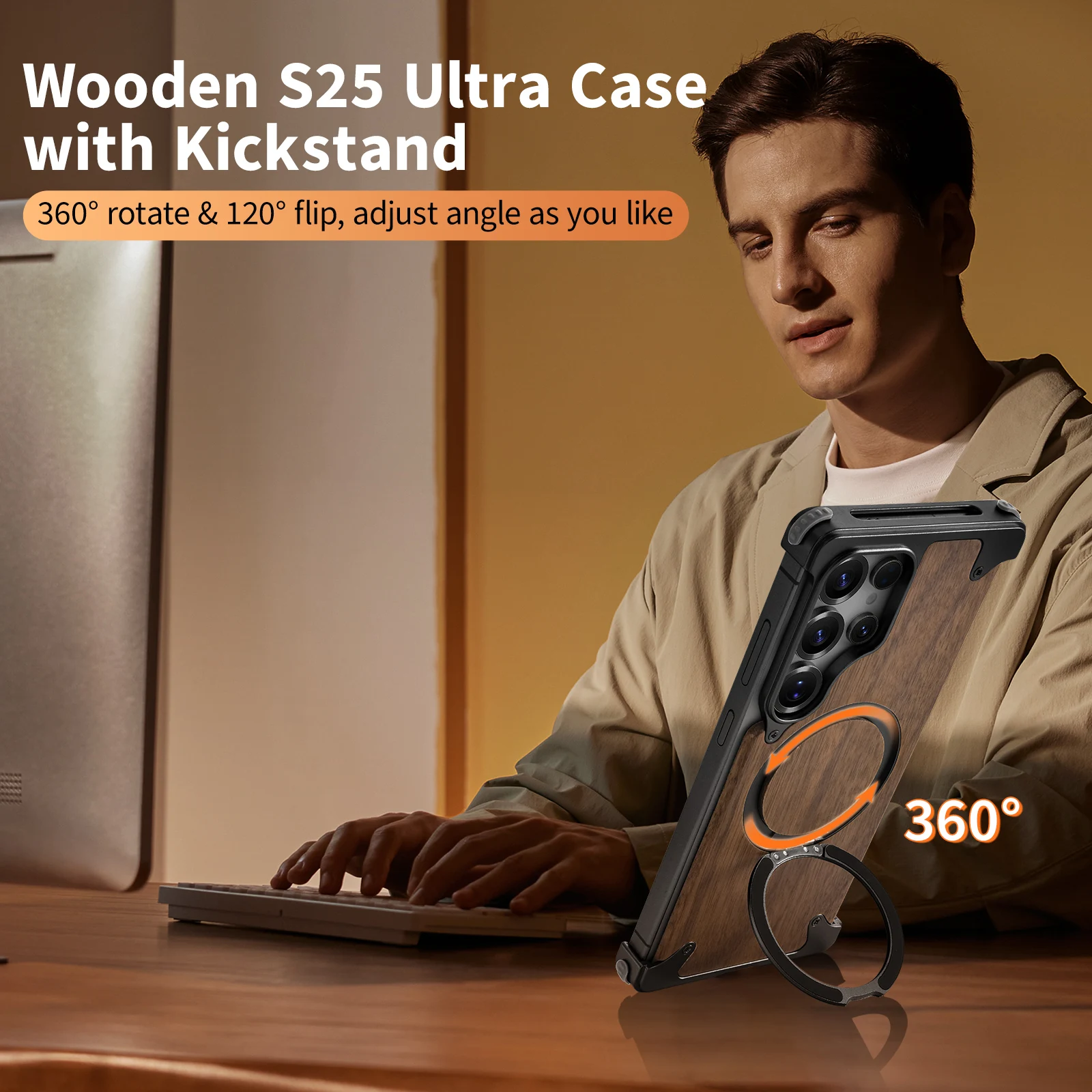 Eary for Samsung Galaxy S25 S24 Ultra Wood Case Magnetic With 360° Rotatable Stand Magsafe Frameless Shockproof Protector Cover