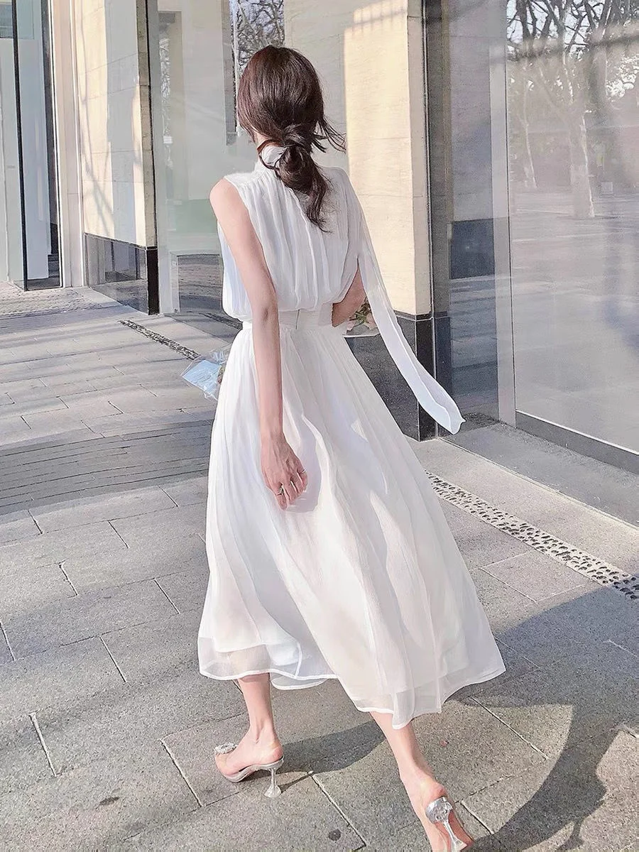Women's  2022 Spring And Summer New Style Gentle Elegant Long Skirt High Collar Sleeveless Fashion Sexy Dress