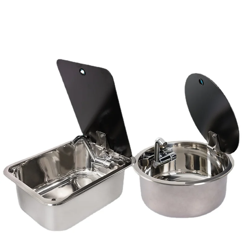 RV Sink for Caravan Round & Square Stainless Steel Hand Wash Basin Sink with Tempered Glass Lid Camper Accessories rv camping 304 stainless steel wash basin sink with tempered glass square flap camping accessories suitable for caravans parts