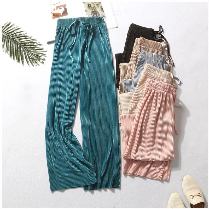 Women Fashion Summer Wide Leg Pants Pleated Ice Silk Trousers Elastic Waist Loose Casual Pants