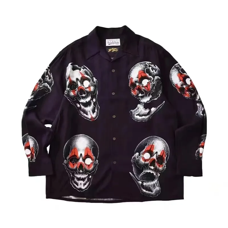 Black White Tees Autumn Winter Long Sleeve Tops WACKO MARIA Tiger Print Casual Lapel Single Breasted Men Women Shirt