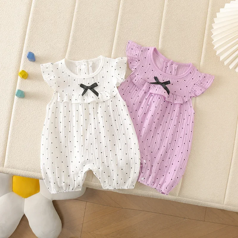 2026 Summer Baby Clothes Girls Dot Bow Romper 0-24M Newborn 100% Cotton O-neck Flutter Sleeve One Piece Bodysuit 2