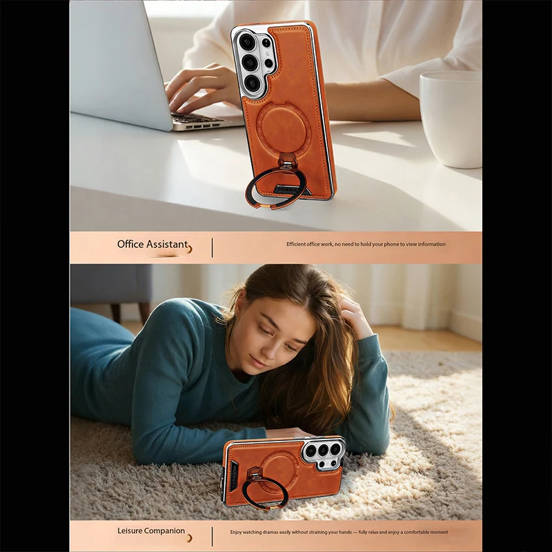 Luxury Leather Phone Case with 360° Rotating Magnetic Stand and Anti-Drop Protection