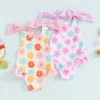 FOCUSNORM 1-6Y Little Kids Girls Summer Bathing Suit Flower Print Frill Trim Round Neck Sleeveless Swimsuit with 3D Bow 1