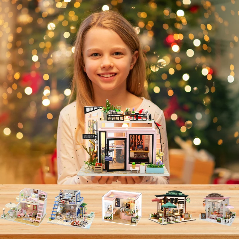 Doll House Kit DIY Miniature Dollhouse Kits Hourly Light Studio House Sea Villa Wooden Doll House With Furniture Building Kids Toys Xmas Gifts