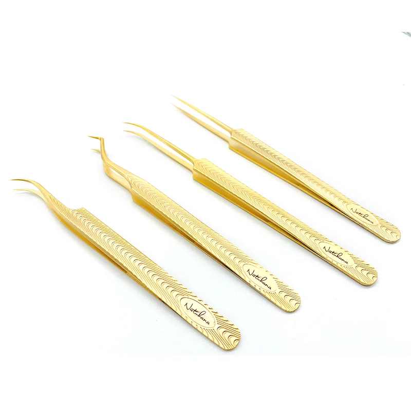 NATUHANA Eyelash tweezers Anti-Static Gold Stainless Steel Professional for Volume Fan Makeup Tools
