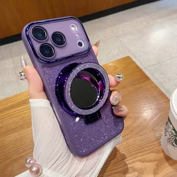 Luxury Glitter Bling Camera Film Case with Magnetic Makeup Mirror and Stand Cover - iPhone 12 Pro Max (PURPLE)