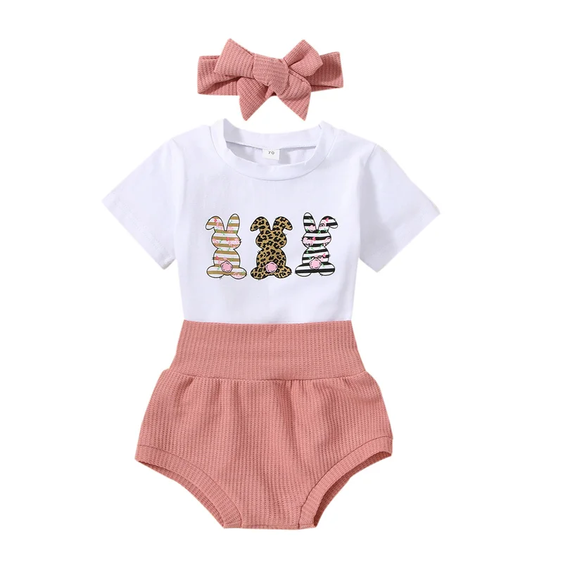 baby clothing set red	 Baby Girls Easter Romper Set, Short Sleeve Rabbit Print Romper Solid Color Waffle Elastic Waist Shorts with Hairband, 0-24Months Baby Clothing Set Baby Clothing Set