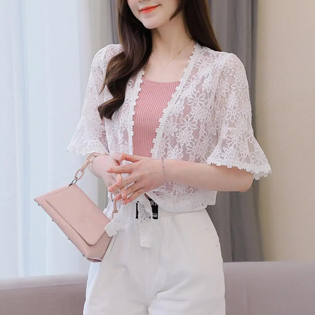 

Korean Solid Color Lace Sunscreen Shawl Summer Thin Cardigan Blouses Women's Outer Jacket Neck Guard Cloak Sun Clothing Shirt