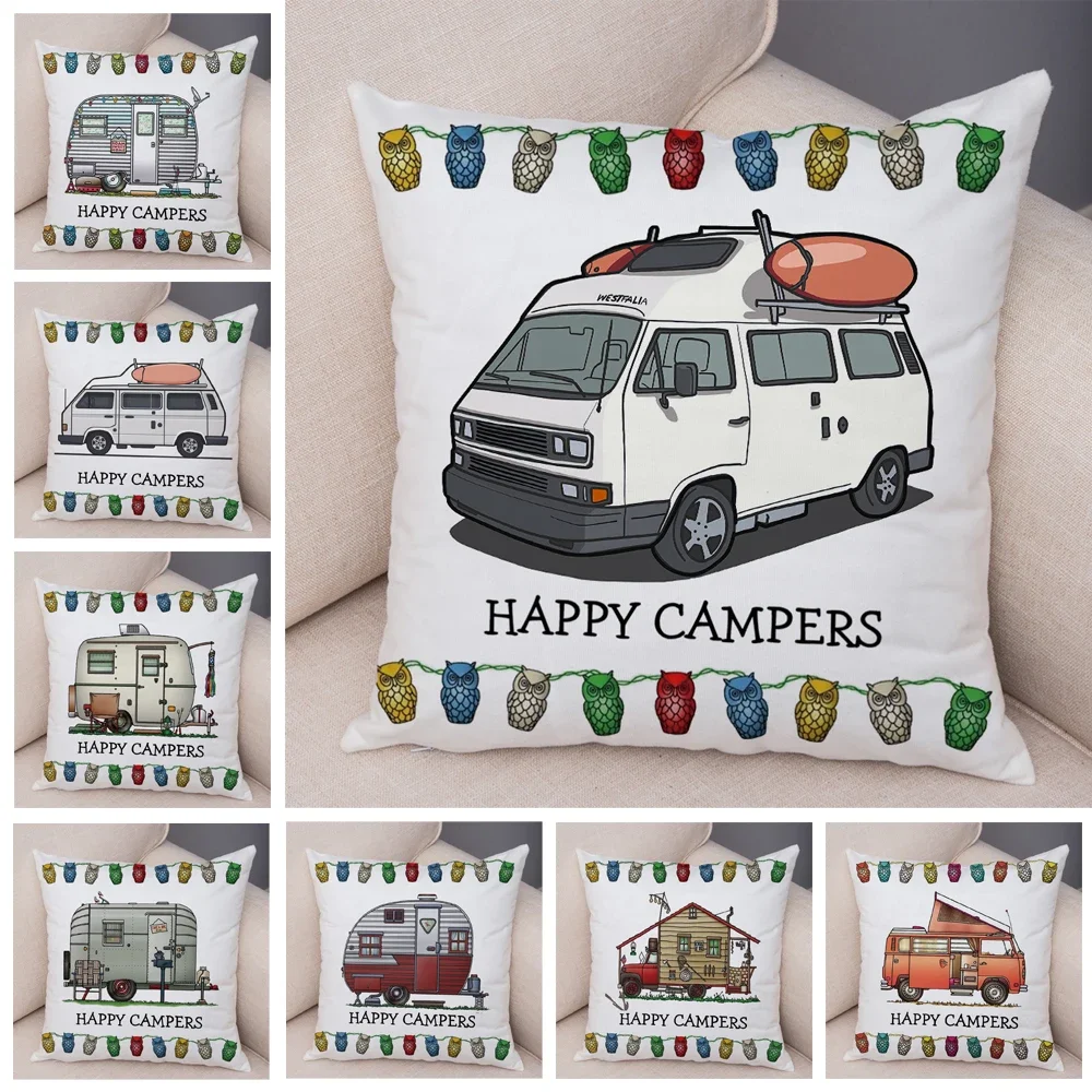 

Cartoon House Travel Car Cushion Cover Pillow Case Decor Happy Camper Van Life Soft Plush Pillowcase for Sofa Home