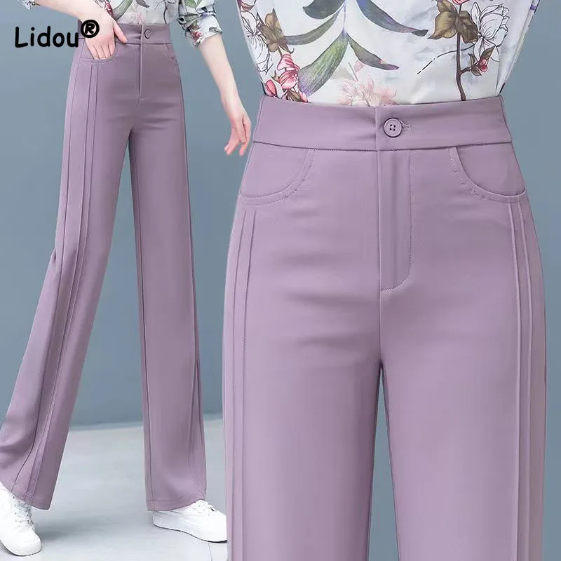 summer oversized women s clothing fashion splice pockets simplicity commuting lace up temperament wide leg straight leg pants Fashion Office Lady Solid High Waist Pants Spring Summer Simplicity Pockets Spliced All-match Straight Trousers Women's Clothing