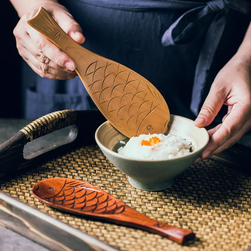 Retro Japanese Creative Fish Shape Rice Spoon Cute Nature Wooden Non-stick Rice Shovel Scoop Kitchen Cooking Utensils Supplies wooden cooking spoon cooking scoop