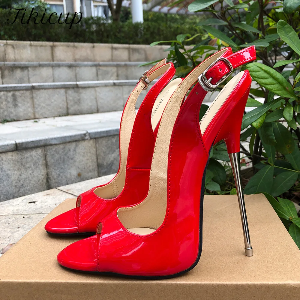 

16cm Extreme High Metal Heels Sandals Summer Women Glossy Red Sexy Open Toe Slingbacks Stiletto Pumps Drag Queen Unisex Shoes